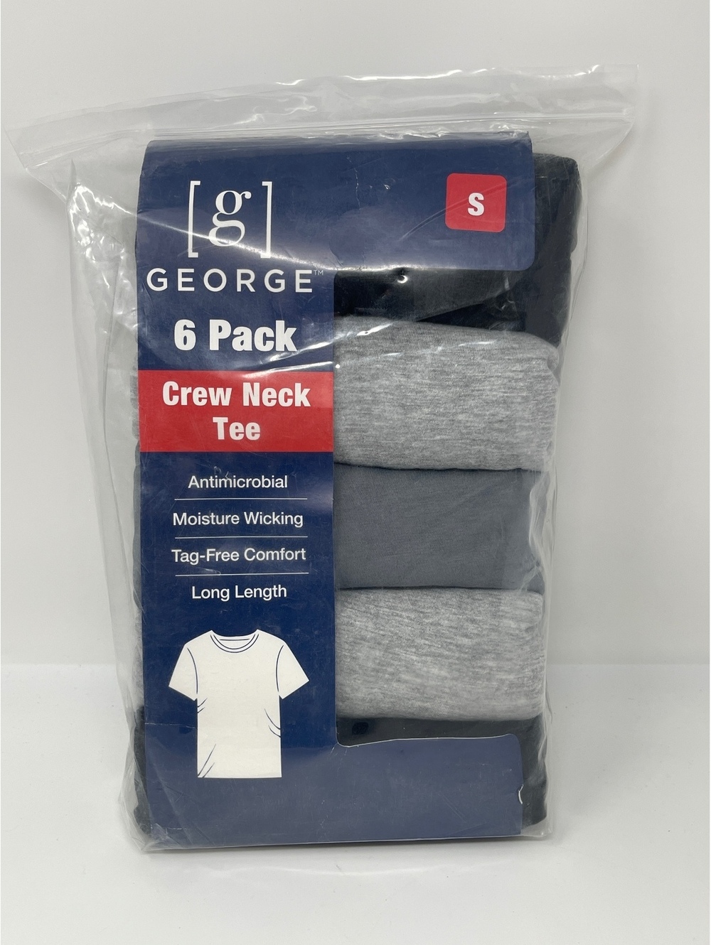 George Mens Crew Neck T-Shirts 6 Pack Size S Black Grey Long Length Tag Free